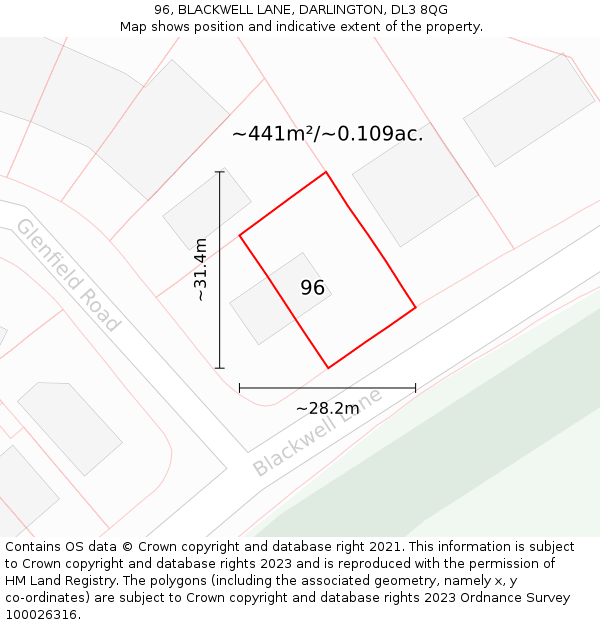 96, BLACKWELL LANE, DARLINGTON, DL3 8QG: Plot and title map