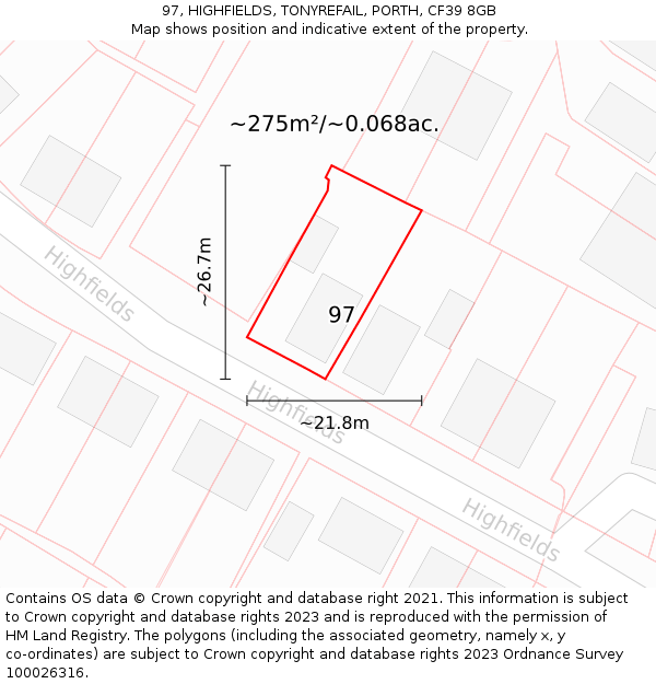 97, HIGHFIELDS, TONYREFAIL, PORTH, CF39 8GB: Plot and title map