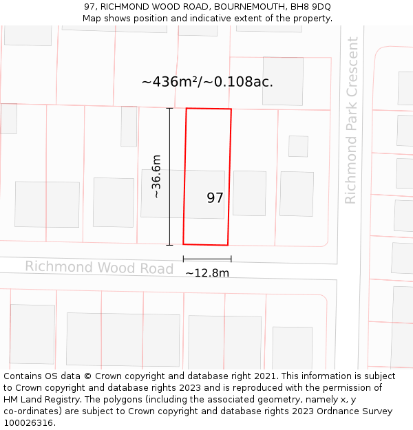 97, RICHMOND WOOD ROAD, BOURNEMOUTH, BH8 9DQ: Plot and title map