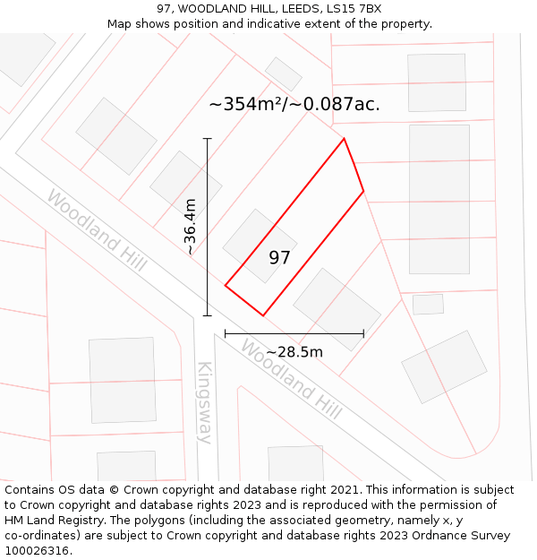 97, WOODLAND HILL, LEEDS, LS15 7BX: Plot and title map