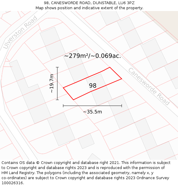 98, CANESWORDE ROAD, DUNSTABLE, LU6 3PZ: Plot and title map