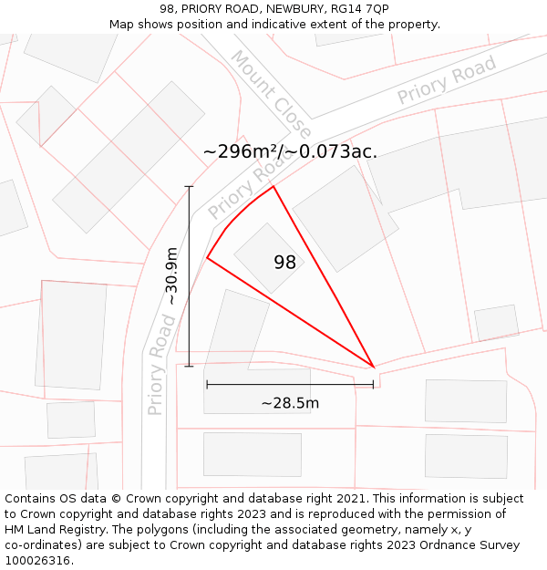 98, PRIORY ROAD, NEWBURY, RG14 7QP: Plot and title map