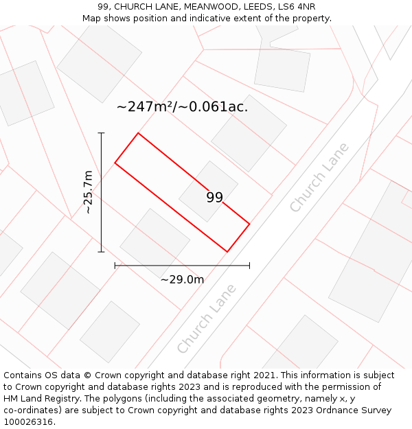 99, CHURCH LANE, MEANWOOD, LEEDS, LS6 4NR: Plot and title map