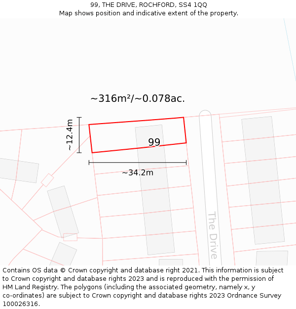 99, THE DRIVE, ROCHFORD, SS4 1QQ: Plot and title map