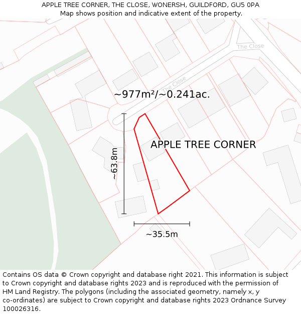 APPLE TREE CORNER, THE CLOSE, WONERSH, GUILDFORD, GU5 0PA: Plot and title map