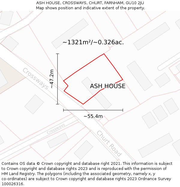 ASH HOUSE, CROSSWAYS, CHURT, FARNHAM, GU10 2JU: Plot and title map