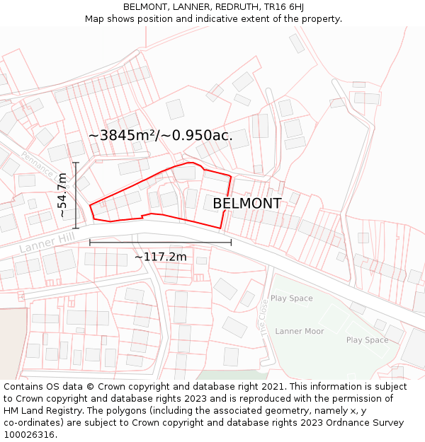 BELMONT, LANNER, REDRUTH, TR16 6HJ: Plot and title map