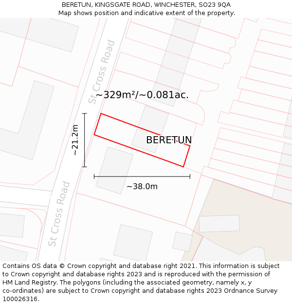 BERETUN, KINGSGATE ROAD, WINCHESTER, SO23 9QA: Plot and title map