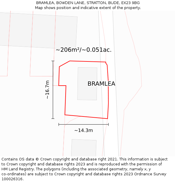 BRAMLEA, BOWDEN LANE, STRATTON, BUDE, EX23 9BG: Plot and title map
