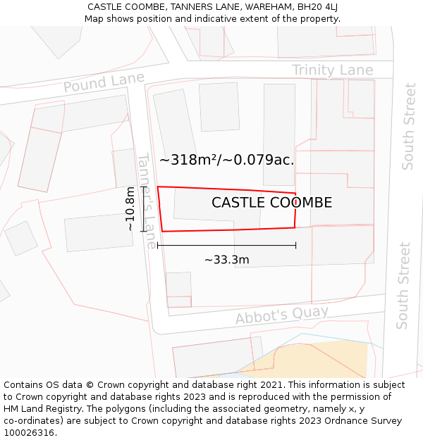 CASTLE COOMBE, TANNERS LANE, WAREHAM, BH20 4LJ: Plot and title map