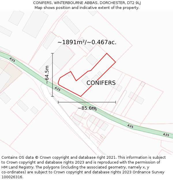 CONIFERS, WINTERBOURNE ABBAS, DORCHESTER, DT2 9LJ: Plot and title map