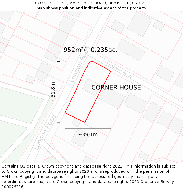 CORNER HOUSE, MARSHALLS ROAD, BRAINTREE, CM7 2LL: Plot and title map