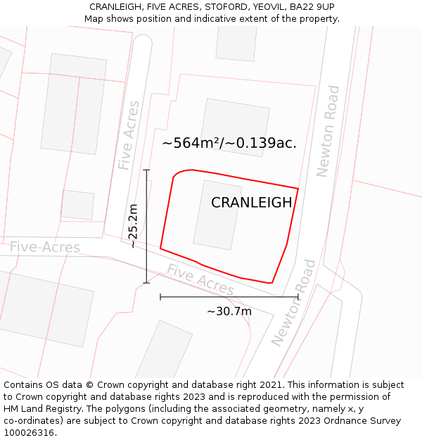 CRANLEIGH, FIVE ACRES, STOFORD, YEOVIL, BA22 9UP: Plot and title map
