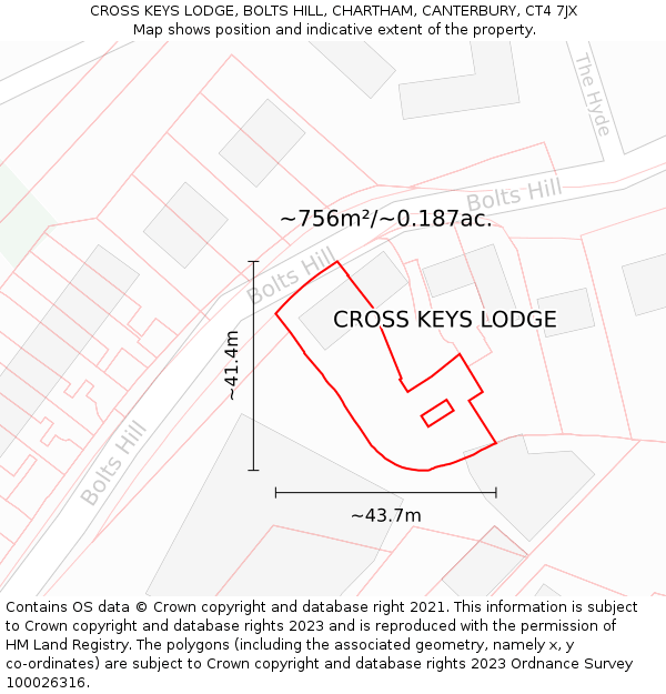 CROSS KEYS LODGE, BOLTS HILL, CHARTHAM, CANTERBURY, CT4 7JX: Plot and title map