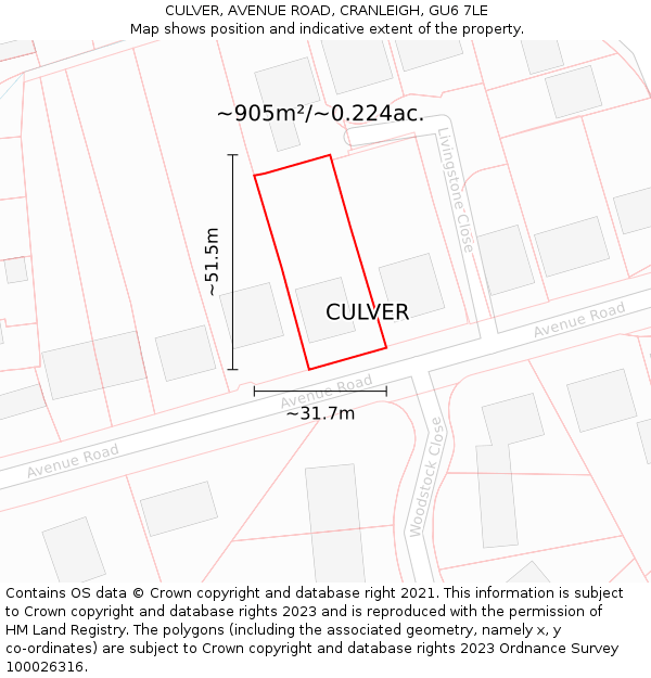 CULVER, AVENUE ROAD, CRANLEIGH, GU6 7LE: Plot and title map