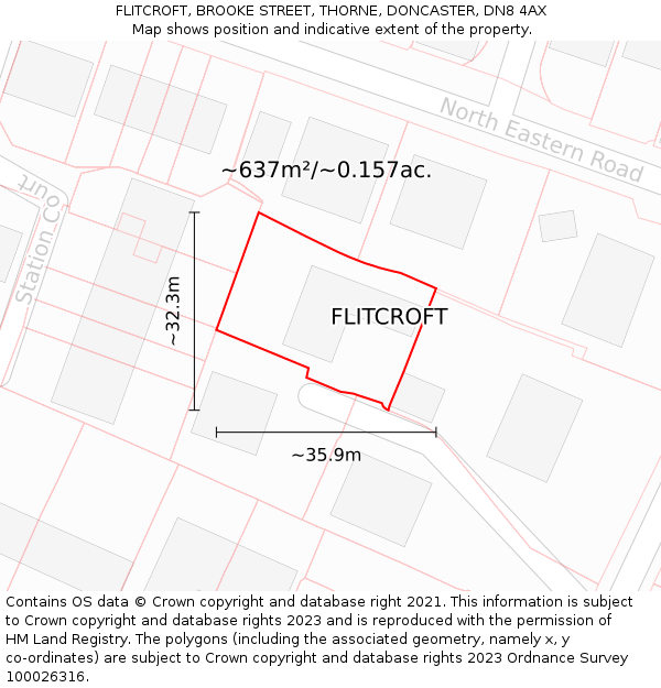 FLITCROFT, BROOKE STREET, THORNE, DONCASTER, DN8 4AX: Plot and title map