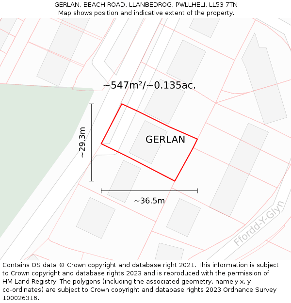 GERLAN, BEACH ROAD, LLANBEDROG, PWLLHELI, LL53 7TN: Plot and title map