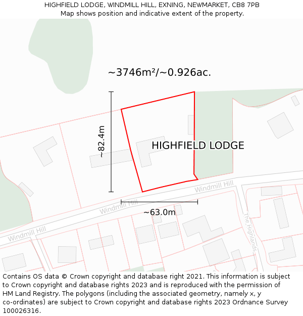 HIGHFIELD LODGE, WINDMILL HILL, EXNING, NEWMARKET, CB8 7PB: Plot and title map