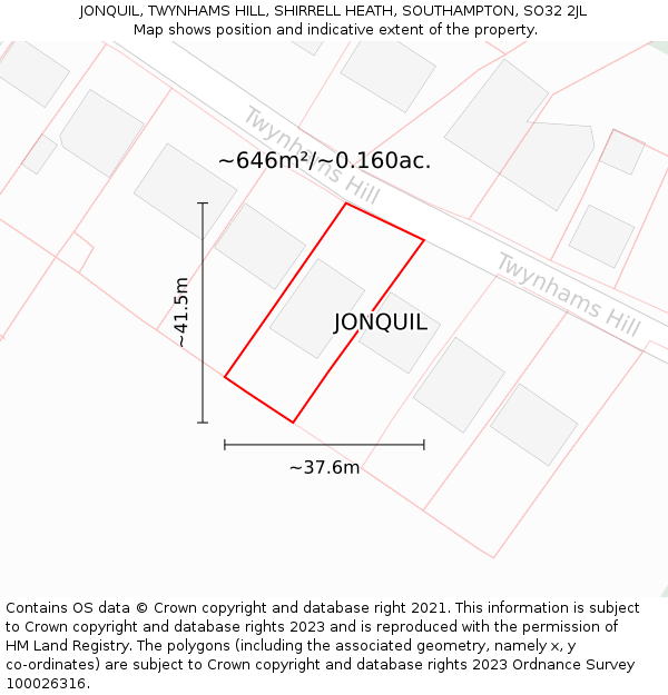 JONQUIL, TWYNHAMS HILL, SHIRRELL HEATH, SOUTHAMPTON, SO32 2JL: Plot and title map