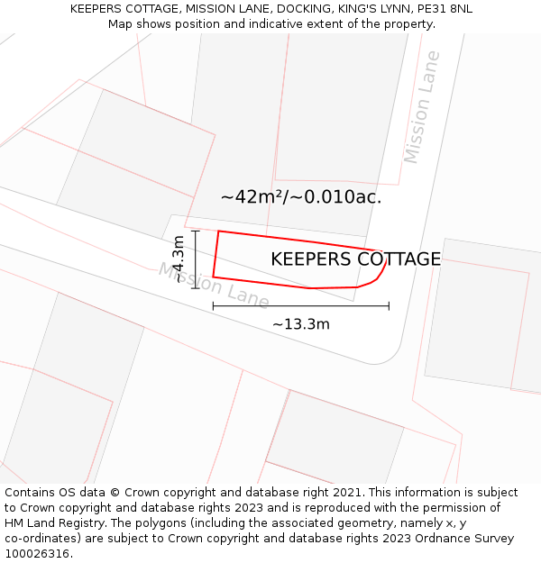 KEEPERS COTTAGE, MISSION LANE, DOCKING, KING'S LYNN, PE31 8NL: Plot and title map