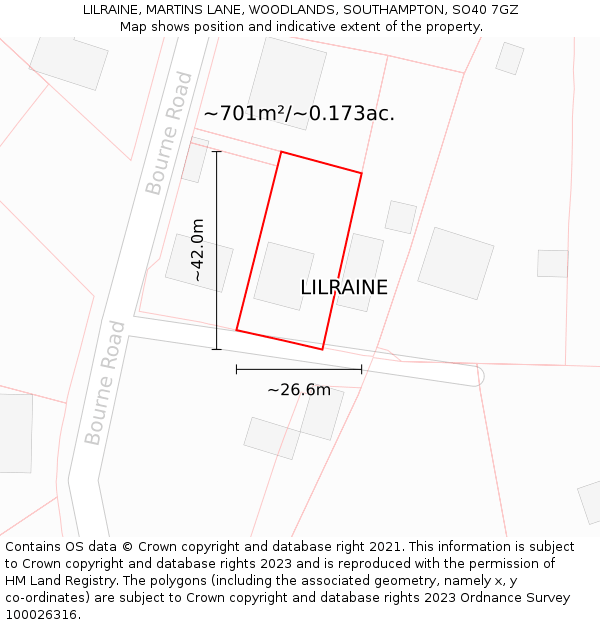 LILRAINE, MARTINS LANE, WOODLANDS, SOUTHAMPTON, SO40 7GZ: Plot and title map
