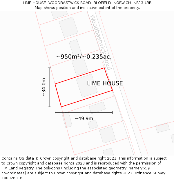 LIME HOUSE, WOODBASTWICK ROAD, BLOFIELD, NORWICH, NR13 4RR: Plot and title map