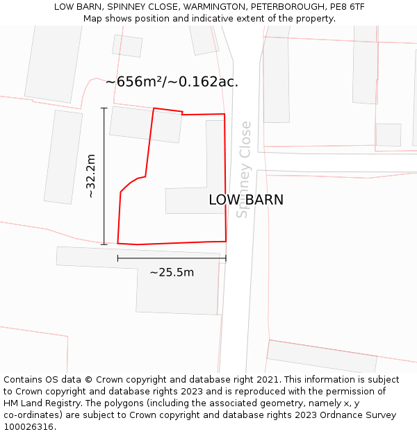 LOW BARN, SPINNEY CLOSE, WARMINGTON, PETERBOROUGH, PE8 6TF: Plot and title map