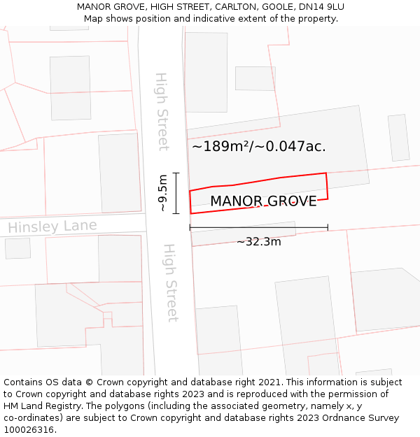MANOR GROVE, HIGH STREET, CARLTON, GOOLE, DN14 9LU: Plot and title map