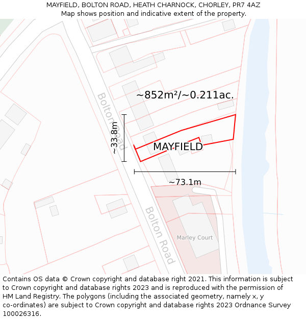 MAYFIELD, BOLTON ROAD, HEATH CHARNOCK, CHORLEY, PR7 4AZ: Plot and title map