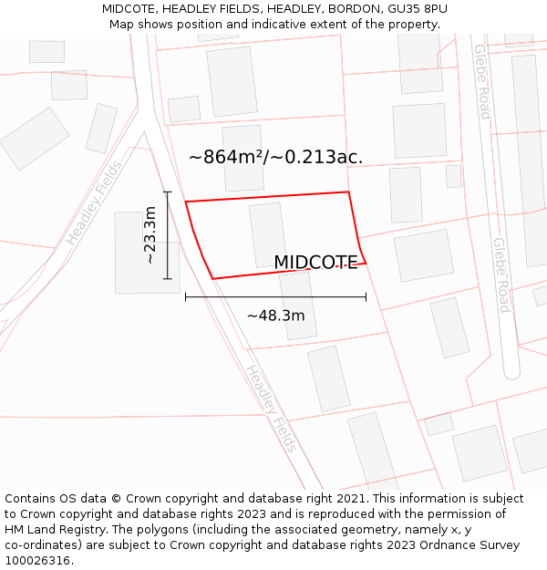 MIDCOTE, HEADLEY FIELDS, HEADLEY, BORDON, GU35 8PU: Plot and title map