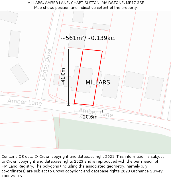 MILLARS, AMBER LANE, CHART SUTTON, MAIDSTONE, ME17 3SE: Plot and title map