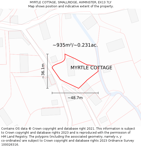 MYRTLE COTTAGE, SMALLRIDGE, AXMINSTER, EX13 7LY: Plot and title map