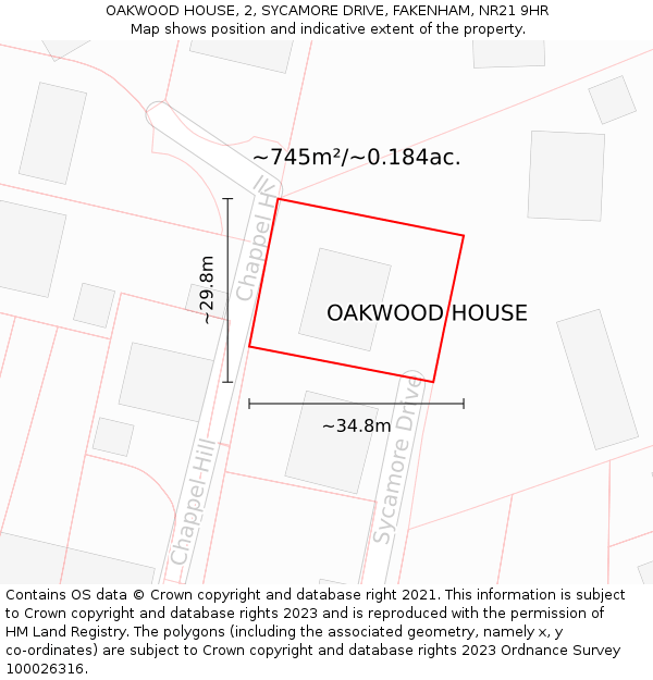 OAKWOOD HOUSE, 2, SYCAMORE DRIVE, FAKENHAM, NR21 9HR: Plot and title map
