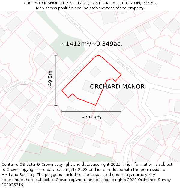 ORCHARD MANOR, HENNEL LANE, LOSTOCK HALL, PRESTON, PR5 5UJ: Plot and title map