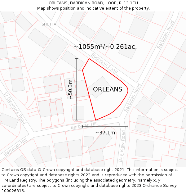 ORLEANS, BARBICAN ROAD, LOOE, PL13 1EU: Plot and title map