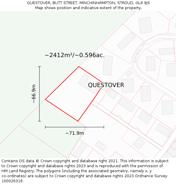 QUESTOVER, BUTT STREET, MINCHINHAMPTON, STROUD, GL6 9JS: Plot and title map