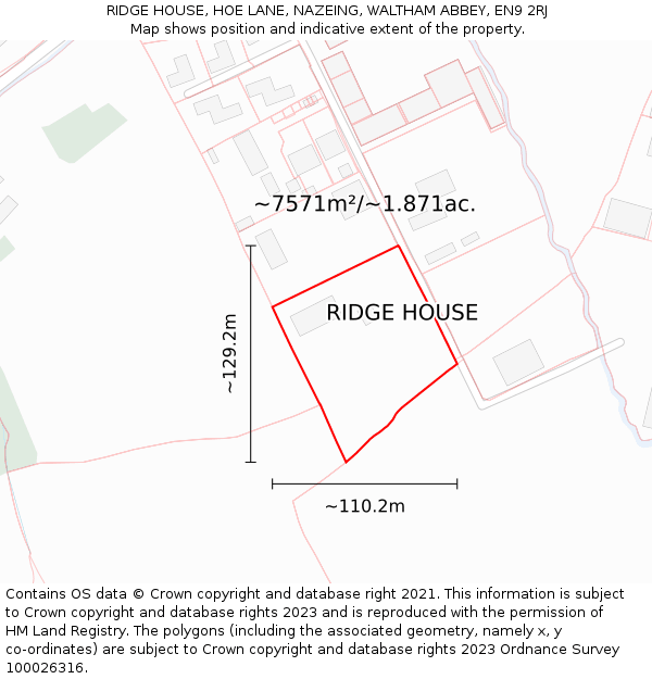 RIDGE HOUSE, HOE LANE, NAZEING, WALTHAM ABBEY, EN9 2RJ: Plot and title map