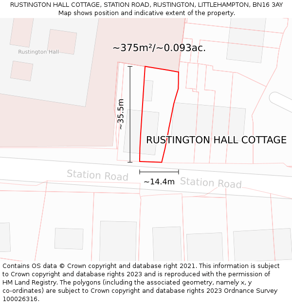 RUSTINGTON HALL COTTAGE, STATION ROAD, RUSTINGTON, LITTLEHAMPTON, BN16 3AY: Plot and title map