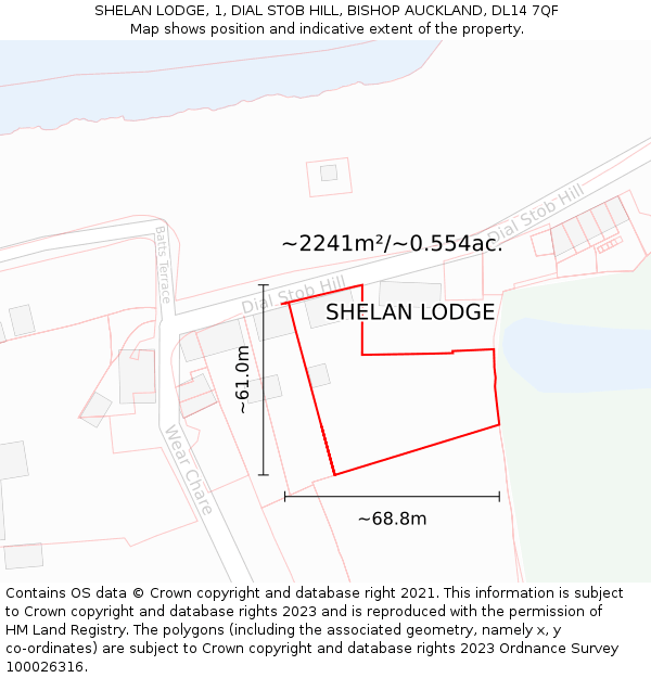 SHELAN LODGE, 1, DIAL STOB HILL, BISHOP AUCKLAND, DL14 7QF: Plot and title map
