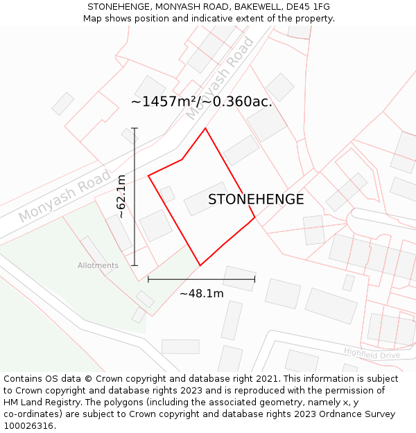 STONEHENGE, MONYASH ROAD, BAKEWELL, DE45 1FG: Plot and title map