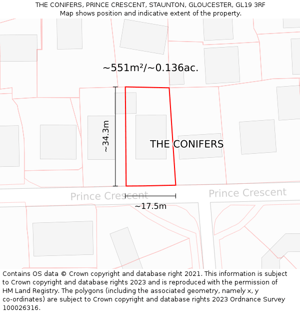 THE CONIFERS, PRINCE CRESCENT, STAUNTON, GLOUCESTER, GL19 3RF: Plot and title map