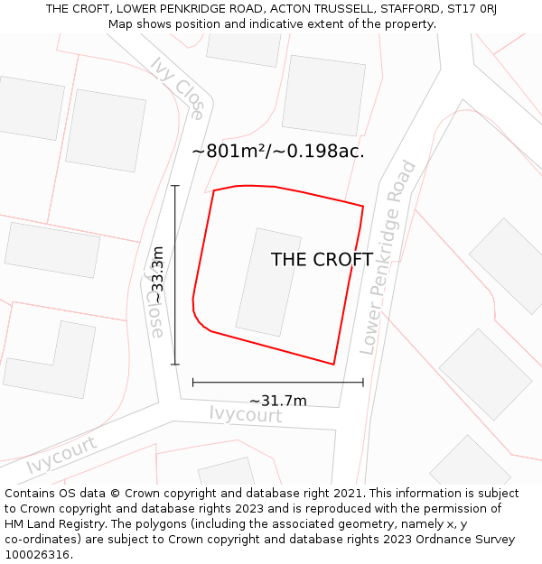 THE CROFT, LOWER PENKRIDGE ROAD, ACTON TRUSSELL, STAFFORD, ST17 0RJ: Plot and title map