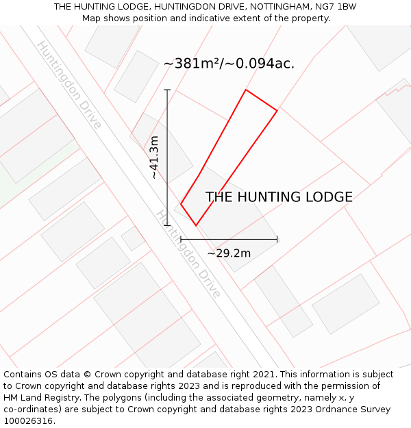 THE HUNTING LODGE, HUNTINGDON DRIVE, NOTTINGHAM, NG7 1BW: Plot and title map
