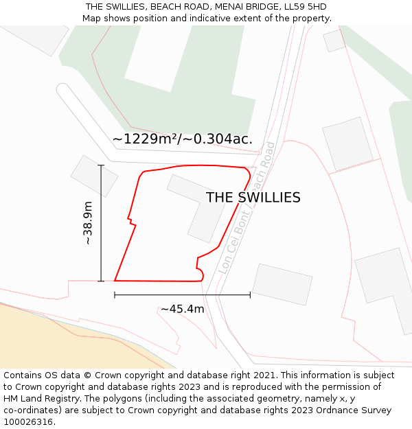 THE SWILLIES, BEACH ROAD, MENAI BRIDGE, LL59 5HD: Plot and title map