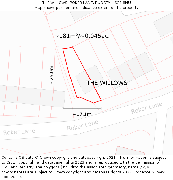 THE WILLOWS, ROKER LANE, PUDSEY, LS28 8NU: Plot and title map
