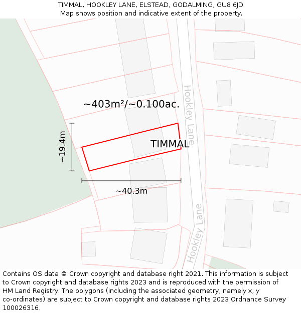 TIMMAL, HOOKLEY LANE, ELSTEAD, GODALMING, GU8 6JD: Plot and title map