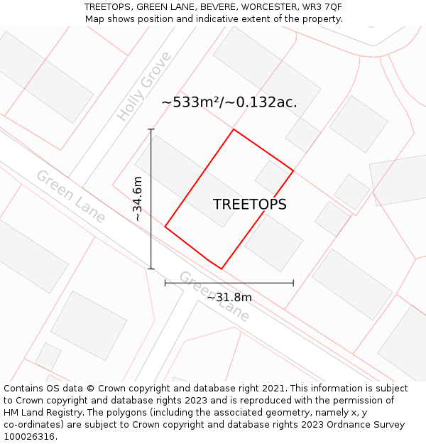TREETOPS, GREEN LANE, BEVERE, WORCESTER, WR3 7QF: Plot and title map
