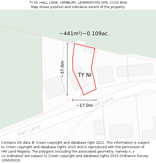 TY NI, HALL LANE, HARBURY, LEAMINGTON SPA, CV33 9HG: Plot and title map