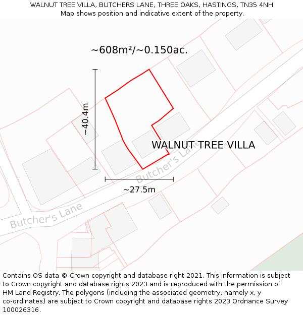 WALNUT TREE VILLA, BUTCHERS LANE, THREE OAKS, HASTINGS, TN35 4NH: Plot and title map