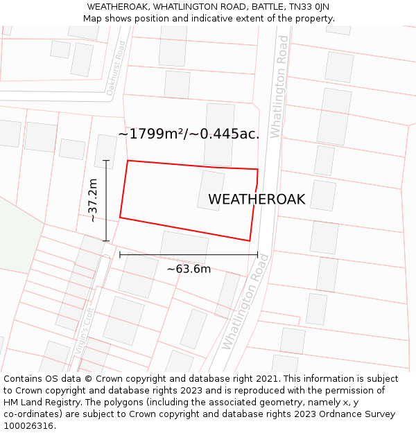 WEATHEROAK, WHATLINGTON ROAD, BATTLE, TN33 0JN: Plot and title map